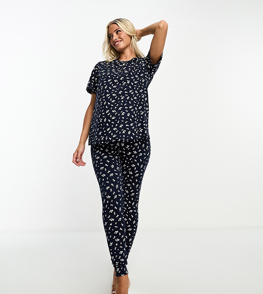 ASOS DESIGN Maternity exclusive ditsy print nursing tee & legging pyjama set in navy