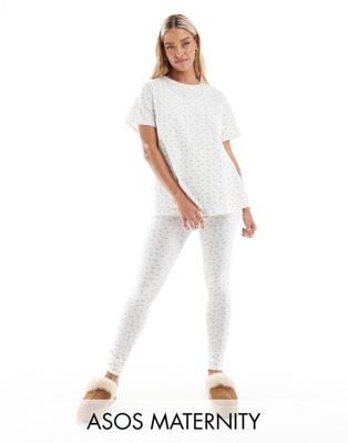 ASOS DESIGN Maternity exclusive floral print nursing tee & leggings pajama set-White