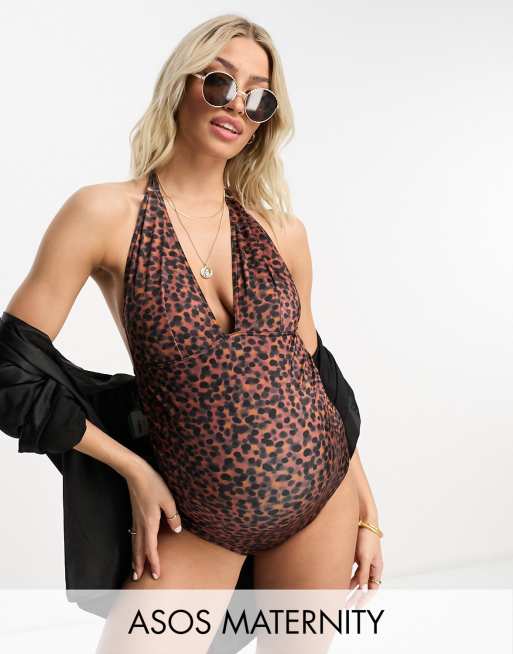 ASOS DESIGN Fuller Bust plunge rib swimsuit with lace up side detail in  leopard animal print