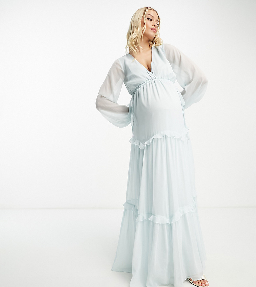 Asos Maternity Asos Design Maternity Exclusive Long Sleeve Skater Tiered Maxi Dress With Cut-out Waist And Tie Deta In Blue