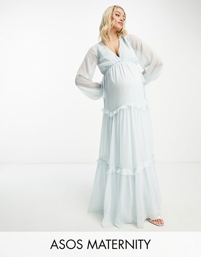 ASOS DESIGN Maternity Exclusive long sleeve skater tiered maxi dress with cut-out waist and tie detail in baby blue