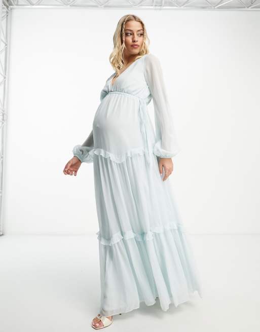 ASOS DESIGN Maternity Exclusive long sleeve skater tiered maxi dress with cut out waist and tie detail in baby blue