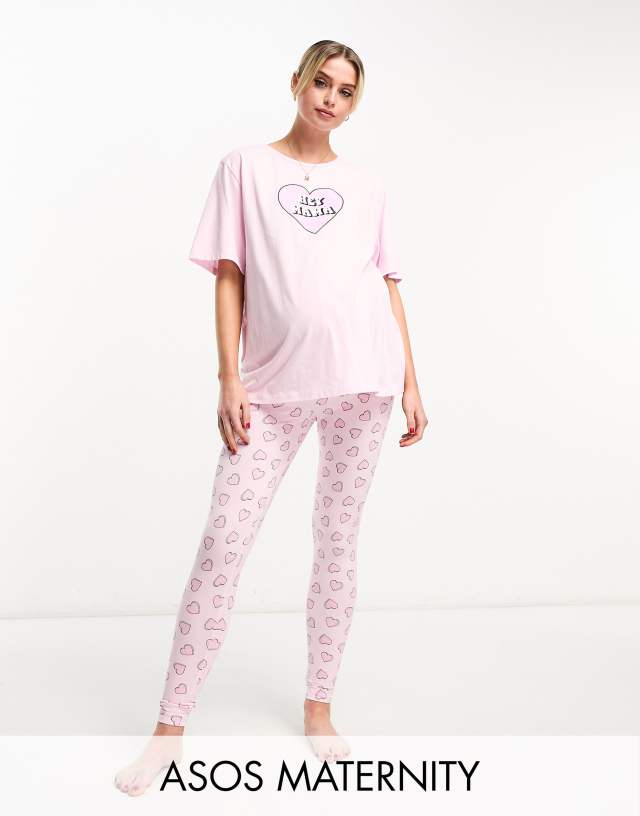 ASOS DESIGN Maternity exclusive mama heart oversized tee & legging pajama set in pink