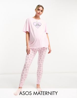 ASOS DESIGN Maternity exclusive mama heart oversized tee & legging pyjama set in pink