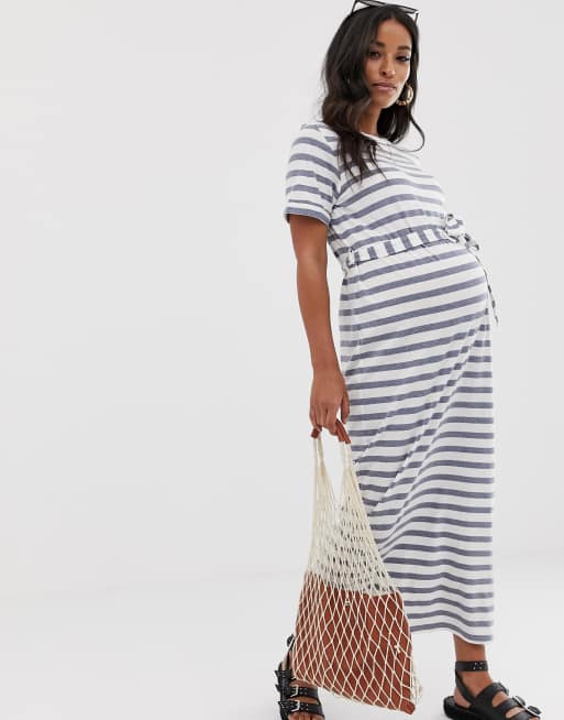 ASOS DESIGN Maternity exclusive maxi t-shirt dress with belt in blue and  white stripe