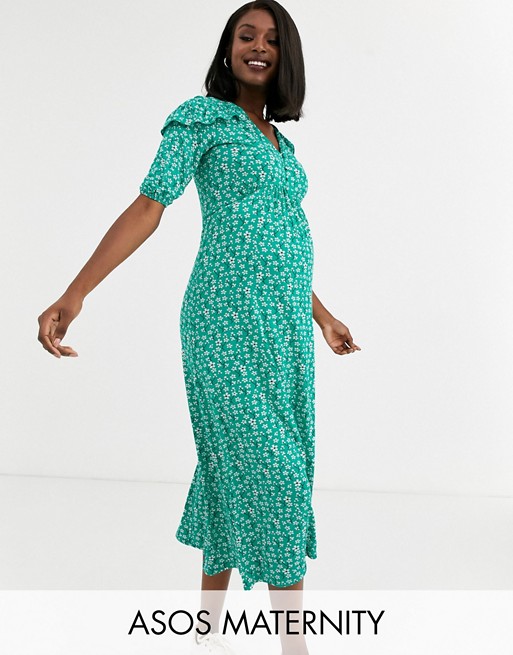 ASOS DESIGN Maternity Exclusive maxi tea dress with frill in green ditsy print