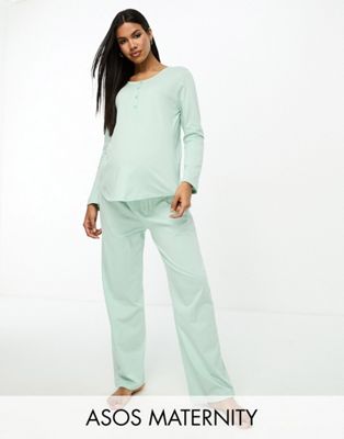 ASOS DESIGN Maternity exclusive mix & match cotton long sleeve nursing henley pyjama top in sage