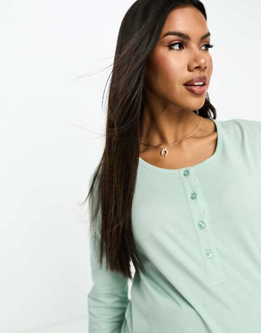 ASOS DESIGN Maternity Exclusive mix & match cotton long sleeve nursing  Henley pajama top in sage