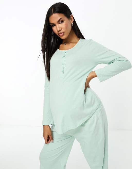 ASOS DESIGN Maternity mix & match cotton pajama set in sage