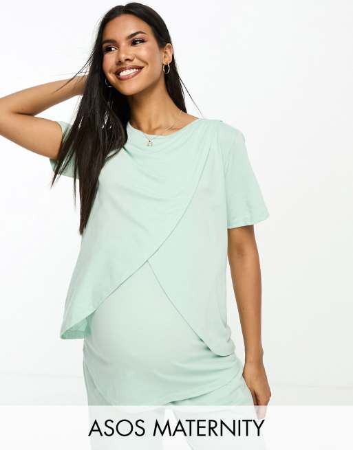 ASOS DESIGN Maternity mix & match cotton pajama set in sage