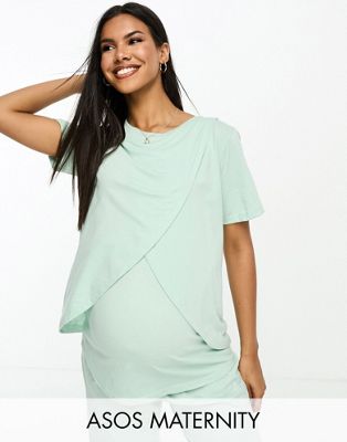 ASOS DESIGN Maternity exclusive mix & match cotton nursing pyjama tee in sage