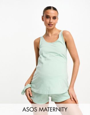 ASOS DESIGN Maternity exclusive mix & match cotton pyjama vest with scrunchie in sage