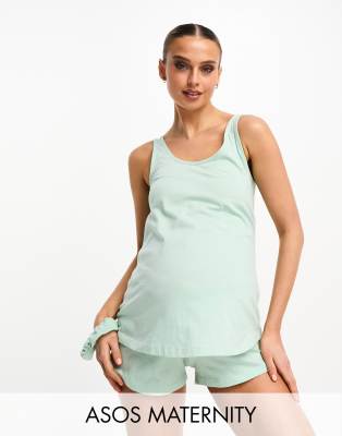 ASOS Maternity ASOS DESIGN Maternity exclusive mix & match cotton pyjama vest with scrunchie in sage-Green