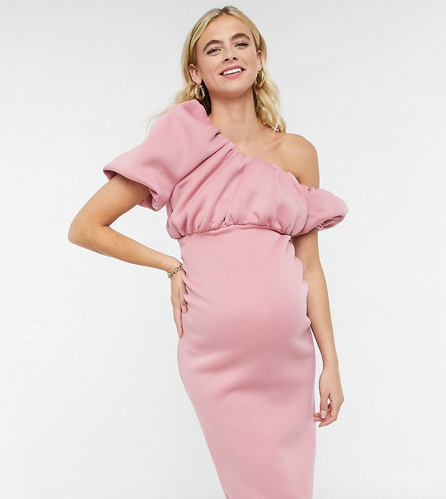 ASOS DESIGN Maternity - Exclusive - Pencil-midikjole med én skulder og bobbel-udskæring i lyserød-Pink