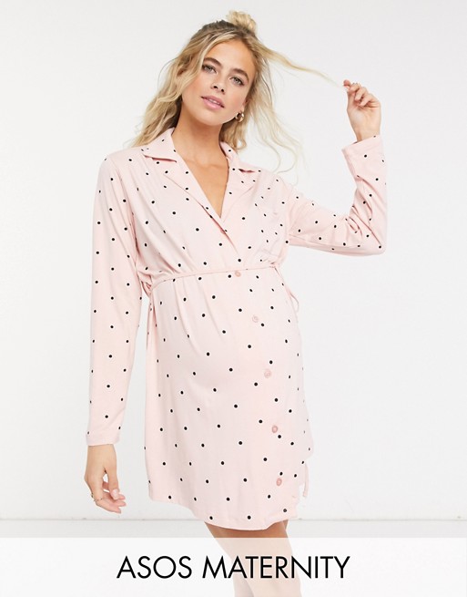 ASOS DESIGN Maternity exclusive pink spot sleep shirt