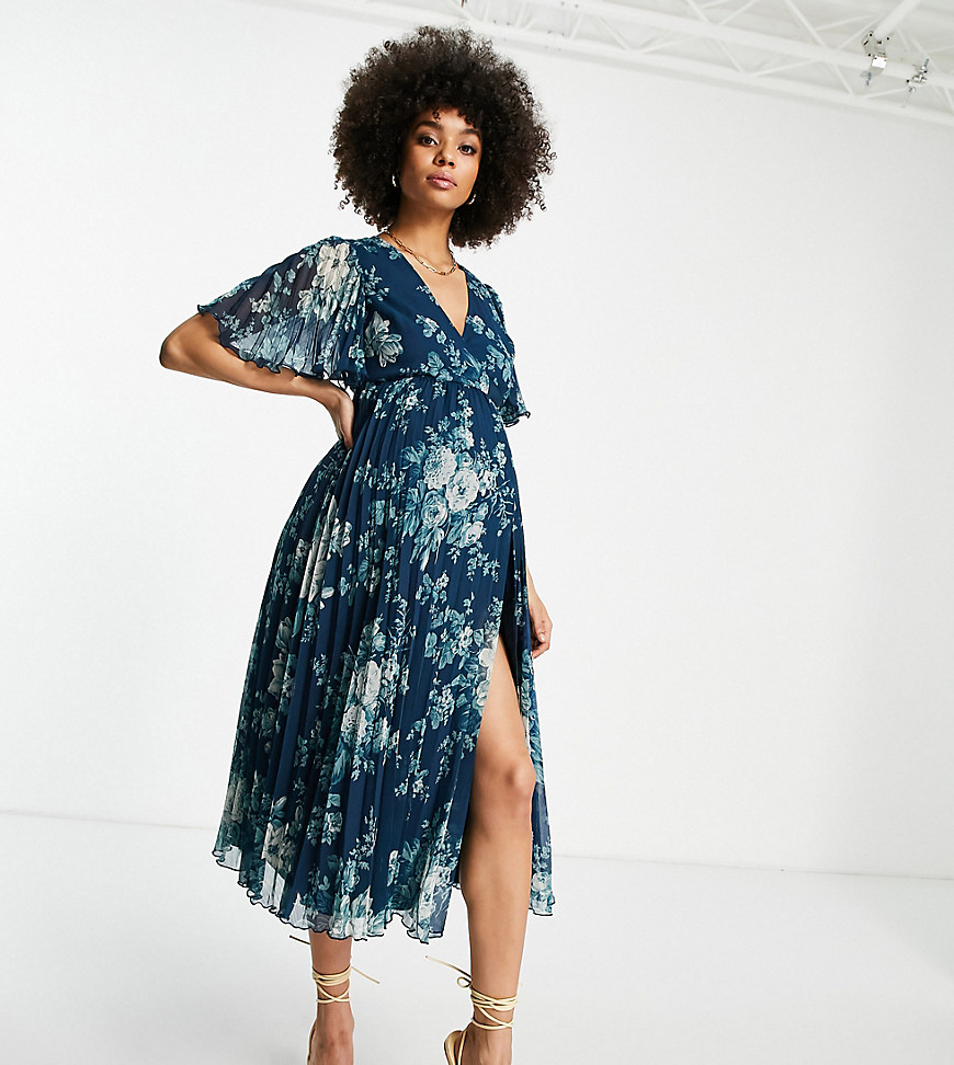 Asos Maternity Asos Design Maternity Exclusive Pleated Midi Dress With Kimono Sleeve And Tie Waist In Floral Print- In Multi