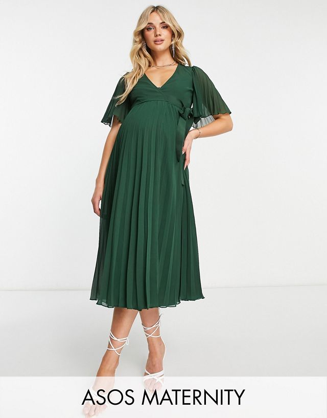 ASOS DESIGN Maternity exclusive pleated midi dress with kimono sleeve and tie waist in forest green