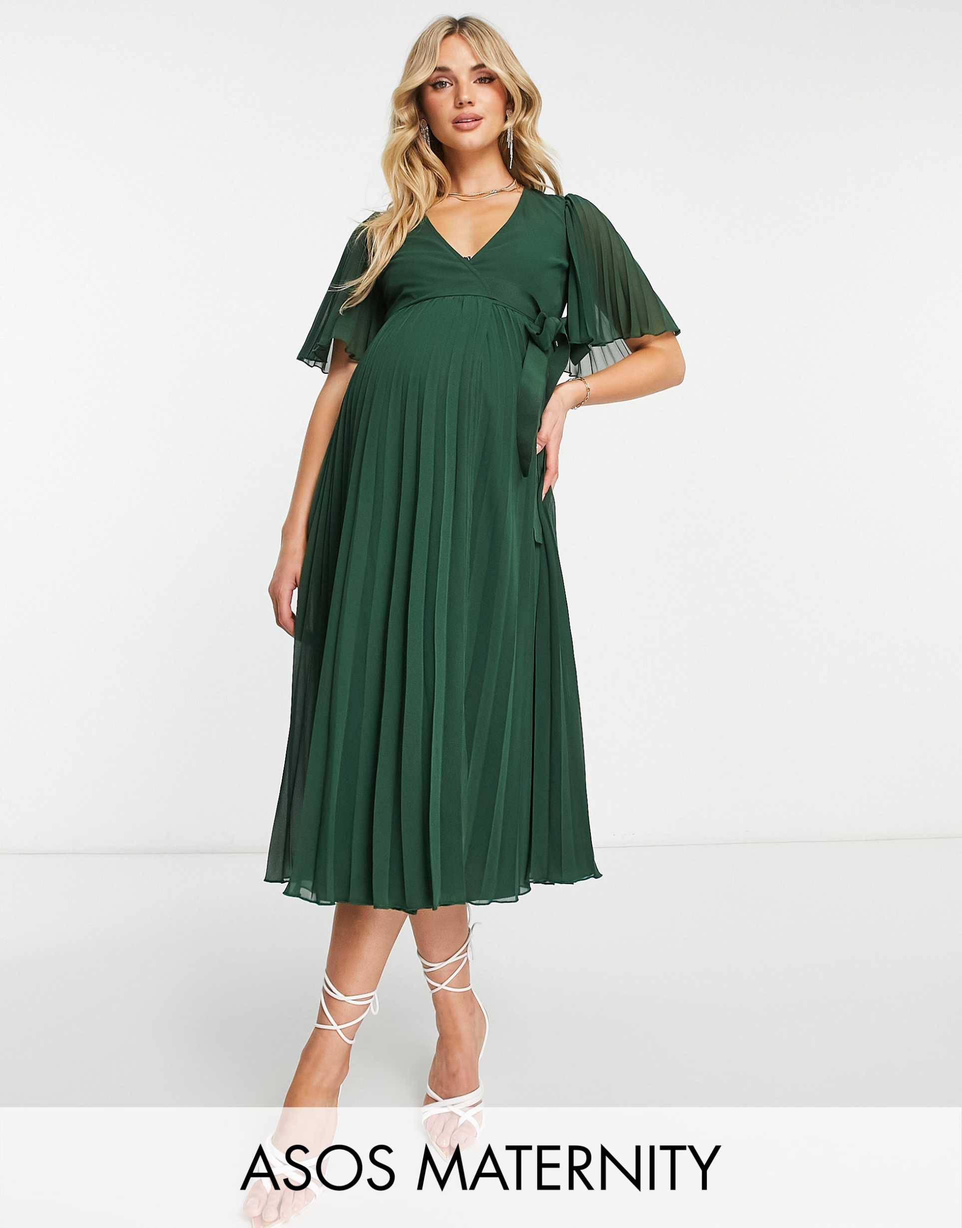 asos design maternity exclusive pleated midi dress with kimono sleeve and tie waist in forest green