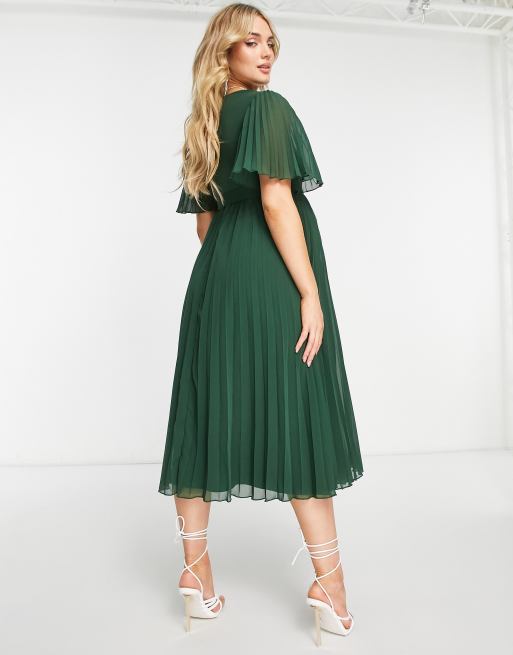 ASOS DESIGN Maternity exclusive pleated midi dress with kimono sleeve and tie waist in forest green