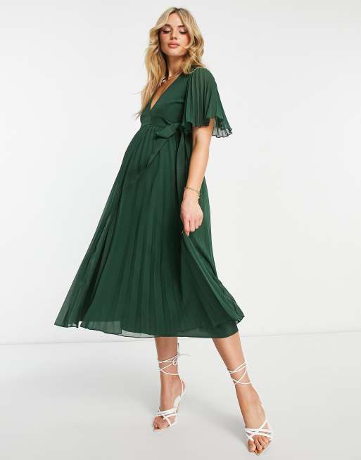 ASOS DESIGN Maternity tie back angel sleeve pleated mini dress with  embroidered bust in sage green