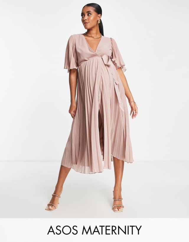 ASOS DESIGN Maternity exclusive pleated midi dress with kimono sleeve and tie waist