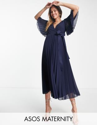 ASOS DESIGN Maternity exclusive pleated midi dress with kimono sleeve and tie waist-Blue