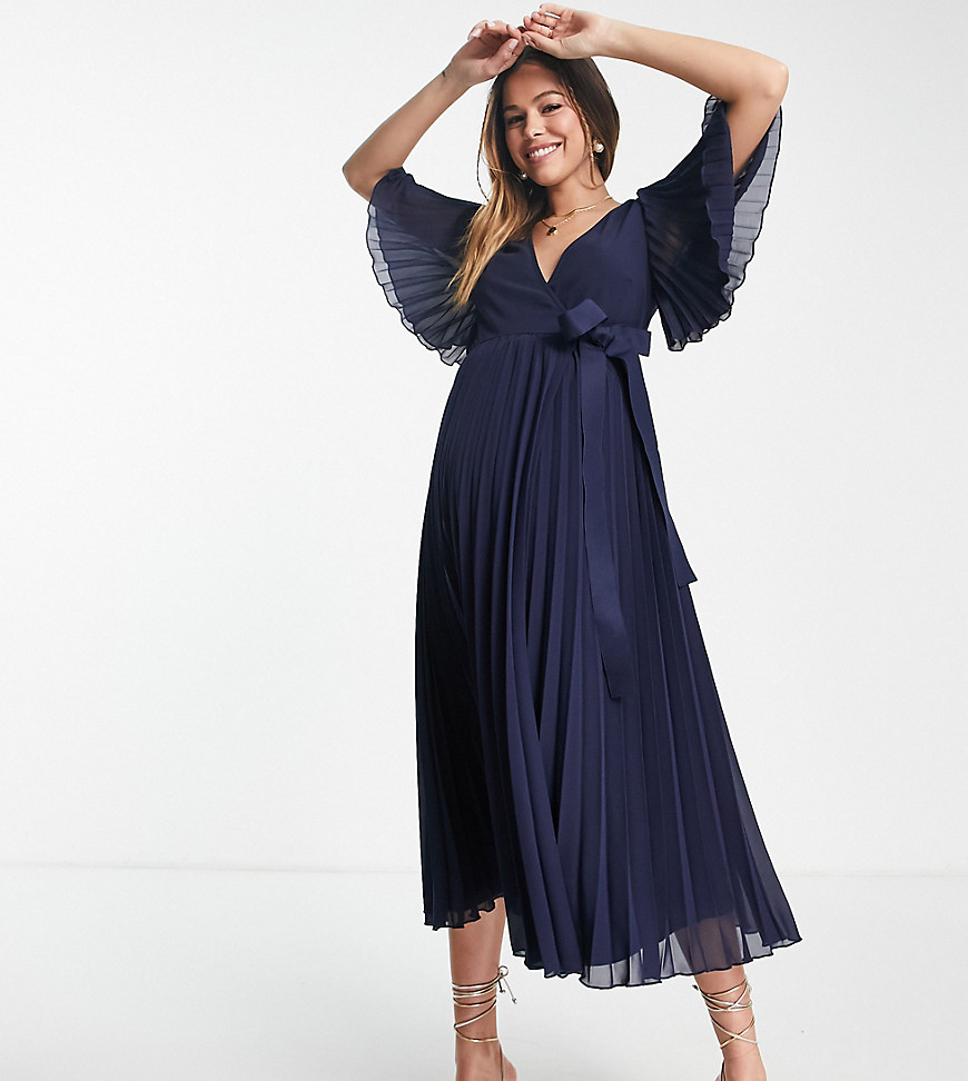Asos Maternity Asos Design Maternity Exclusive Pleated Midi Dress With Kimono Sleeve And Tie Waist-blue