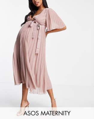 ASOS MATERNITY ASOS DESIGN MATERNITY EXCLUSIVE PLEATED MIDI DRESS WITH KIMONO SLEEVE AND TIE WAIST-PINK,GODEZ206 MAT