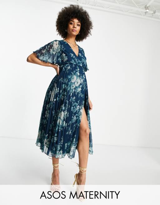 ASOS DESIGN Maternity Exclusive – Plisowana sukienka midi w kwiaty, z rękawami kimonowymi i wiązaniem w talii
