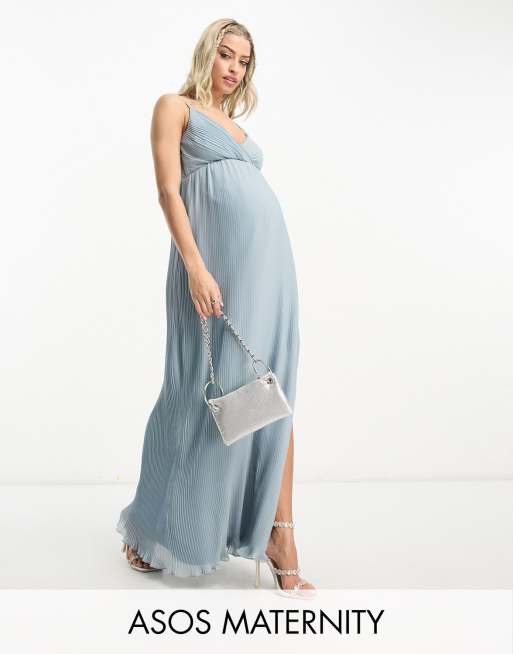 ASOS DESIGN Maternity Exclusive Plissiertes Maxi Wickelkleid aus Chiffon mit Tr gern in Schieferblau