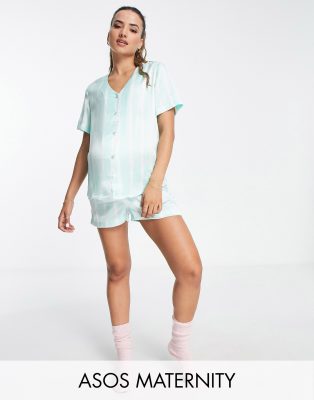 Asos Design Maternity Exclusive Satin Stripe Shirt & Short Pyjama Set In Mint-Green