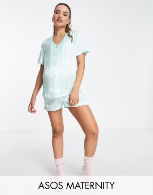 ASOS DESIGN Maternity exclusive satin stripe shirt & short pyjama set in mint-Green