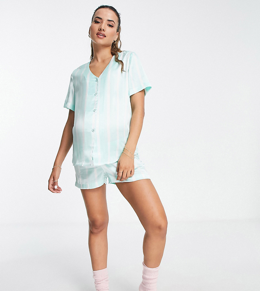 ASOS DESIGN Maternity exclusive satin stripe shirt & short pyjama set in mint-Green