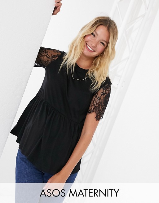 ASOS DESIGN Maternity exclusive smock top with lace sleeve in black