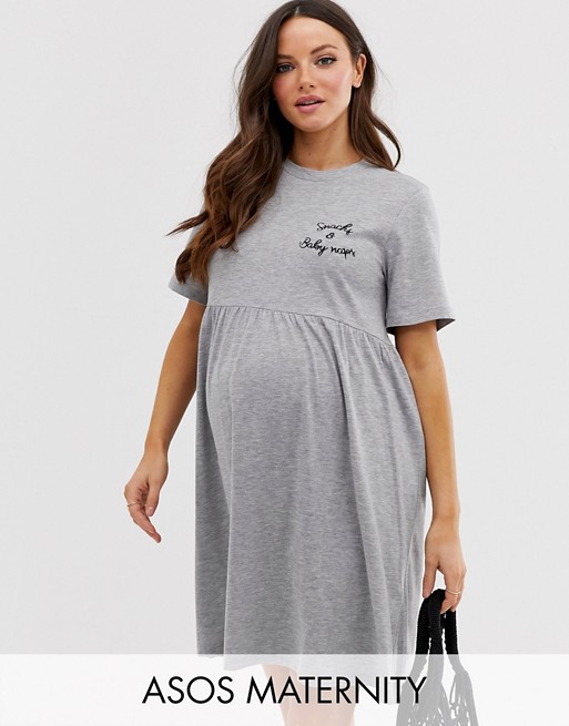 ASOS DESIGN Maternity exclusive snacks and baby naps slogan smock dress