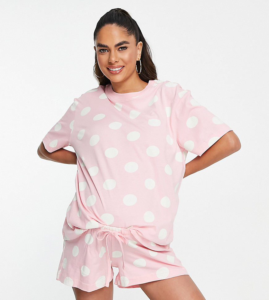 ASOS DESIGN Maternity exclusive spot oversized tee & shorts pajama set in pink