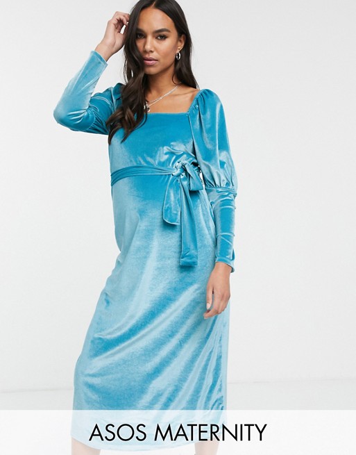 ASOS DESIGN Maternity Exclusive square neck puff sleeve velvet midi dress