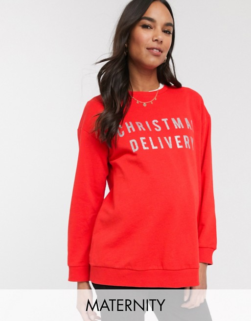 ASOS DESIGN Maternity Exclusive sweat with christmas delivery in glitter print