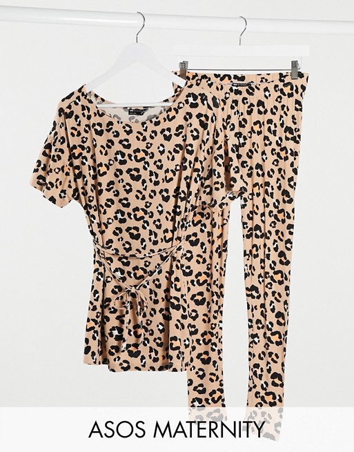 ASOS DESIGN Maternity exclusive tee & legging pyjama in brown leopard print