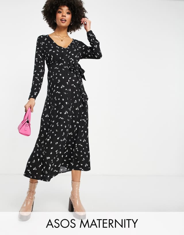 ASOS DESIGN Maternity Exclusive tie waist button-front midi dress in mono floral print