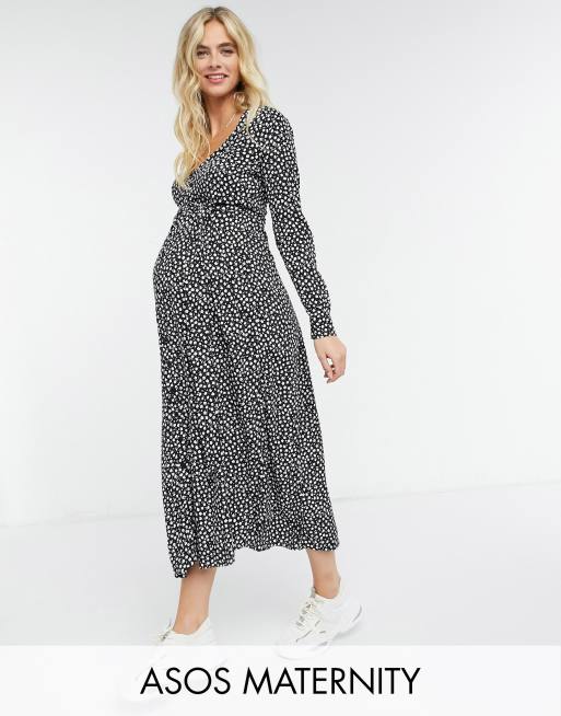 ASOS DESIGN Maternity Exclusive tie waist button-front midi dress in ...