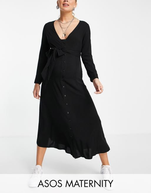 ASOS DESIGN Maternity Exclusive tie waist button through midi dress in black