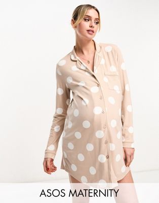 ASOS DESIGN Maternity exclusive viscose spot sleep shirt in beige