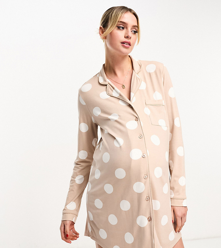 ASOS DESIGN Maternity exclusive viscose spot sleep shirt in beige-White