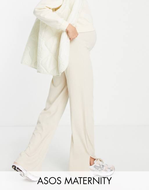 ASOS DESIGN Maternity - Exclusives - Geribbelde broek met wijde pijpen met split in stone