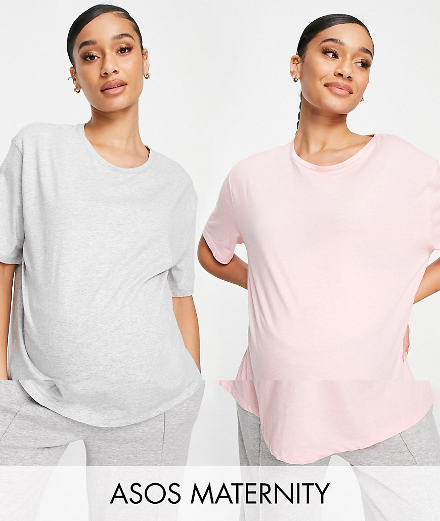 ASOS DESIGN Maternity - Exclusives - Set van 2 jersey pyjama T-shirts in grijs en roze-Veelkleurig