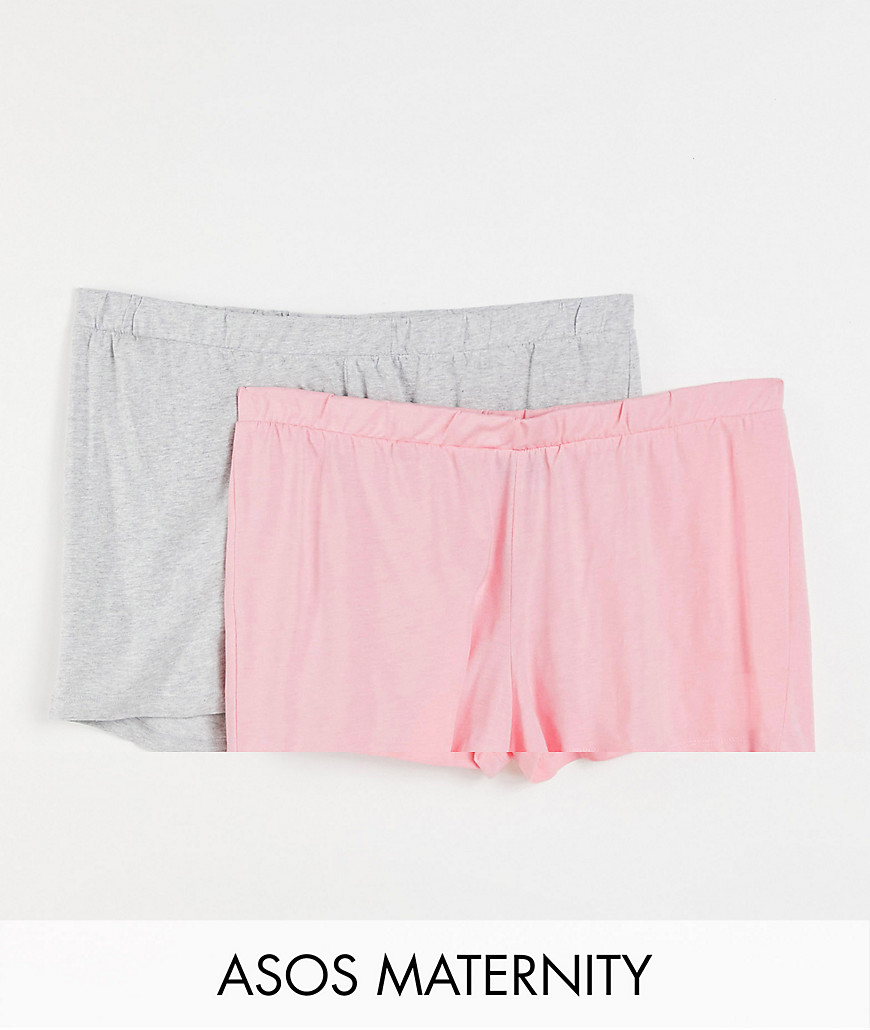 ASOS DESIGN Maternity - Exclusives - Set van 2 jersey pyjamashorts in grijs en roze-Veelkleurig