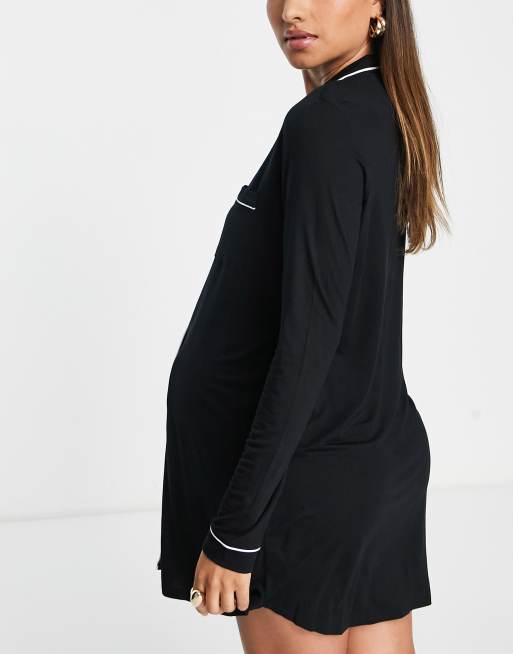 ASOS DESIGN Maternity - Exclusives - Slaapoverhemd van viscose met contrasterende biezen in zwart, 2 van 4