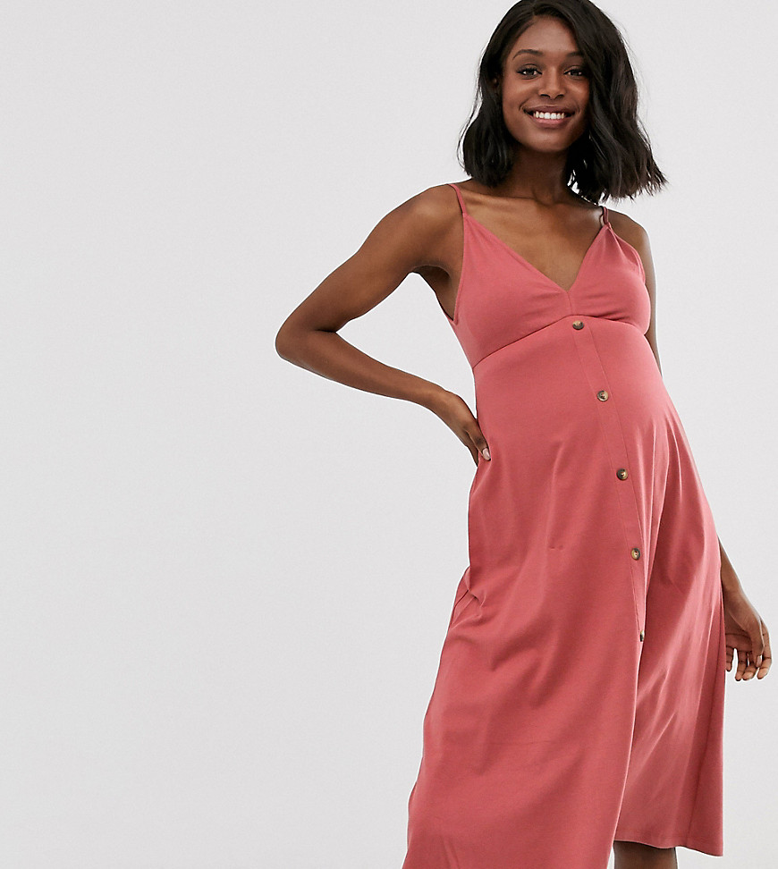 ASOS DESIGN Maternity – Exklusiv smockklänning i midilängd med knappar-Rosa