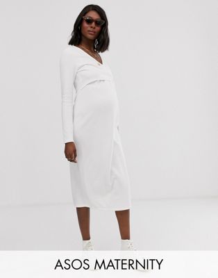 ASOS Synthetisch Asos Design Maternity Superzachte Midi-jurk Met V-hals En Ceintuur in het Rood Dames Kleding voor voor Jumpsuits voor Playsuits 